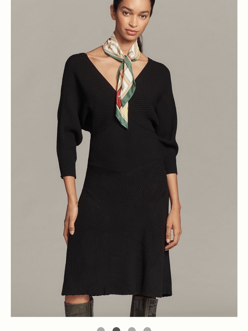 Anthropologie Smocked Waist Black V-Neck Ribbed Knit Dress NWT
